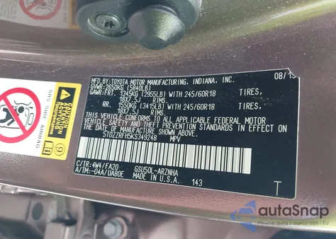 2019 Toyota Highlander Le Plus z USA, uszkodzony, nr VIN 5TDZZRFH5KS349248